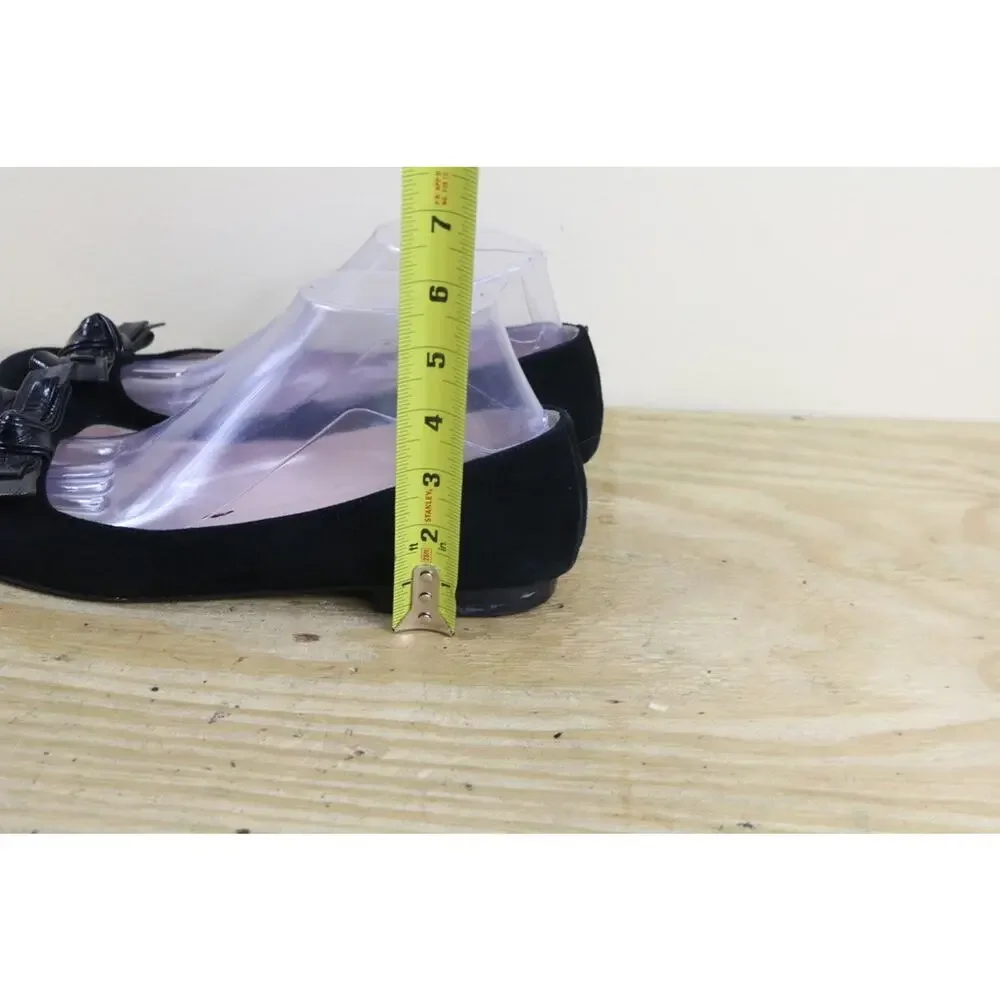 Taryn Rose Shoes 9M Black Suede Ballet Flats Patent Leather Bow Slip Ons